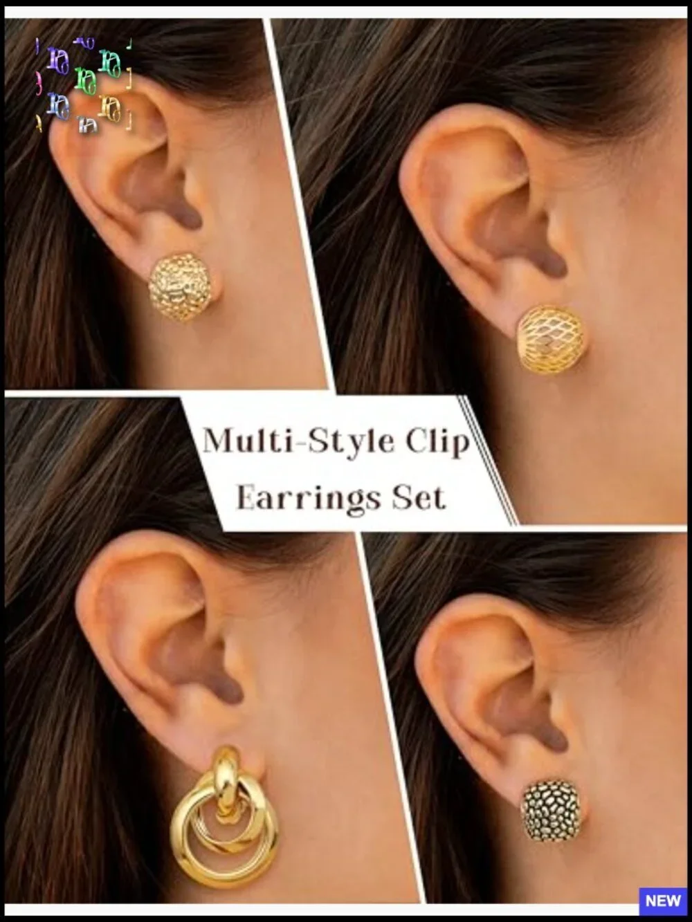 4 Pairs Clip On Earrings Set Hoop Teardrop Twist Round Stud No Piercing Fake